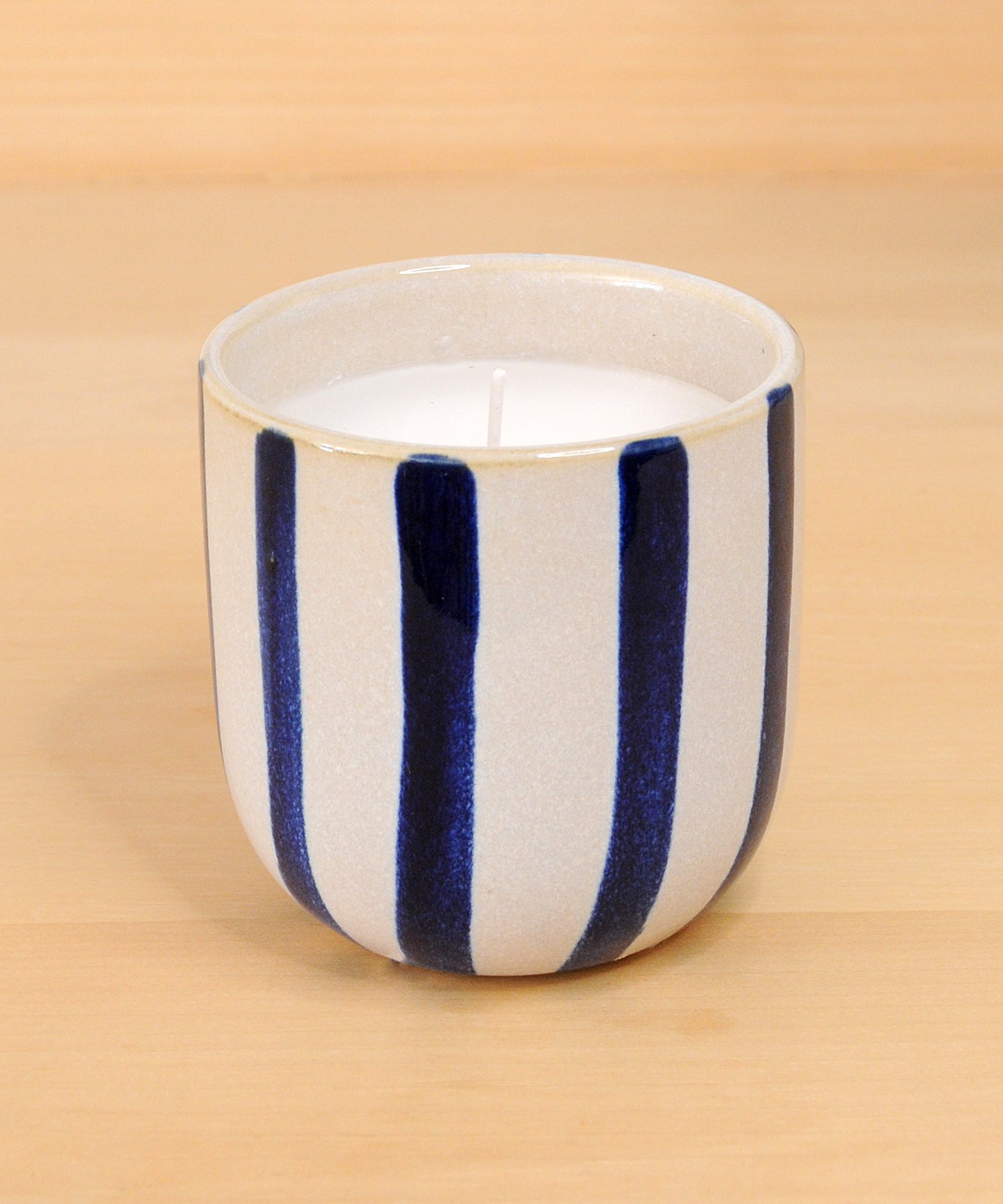 Blue & White Striped Ceramic Candle - Floral Scent