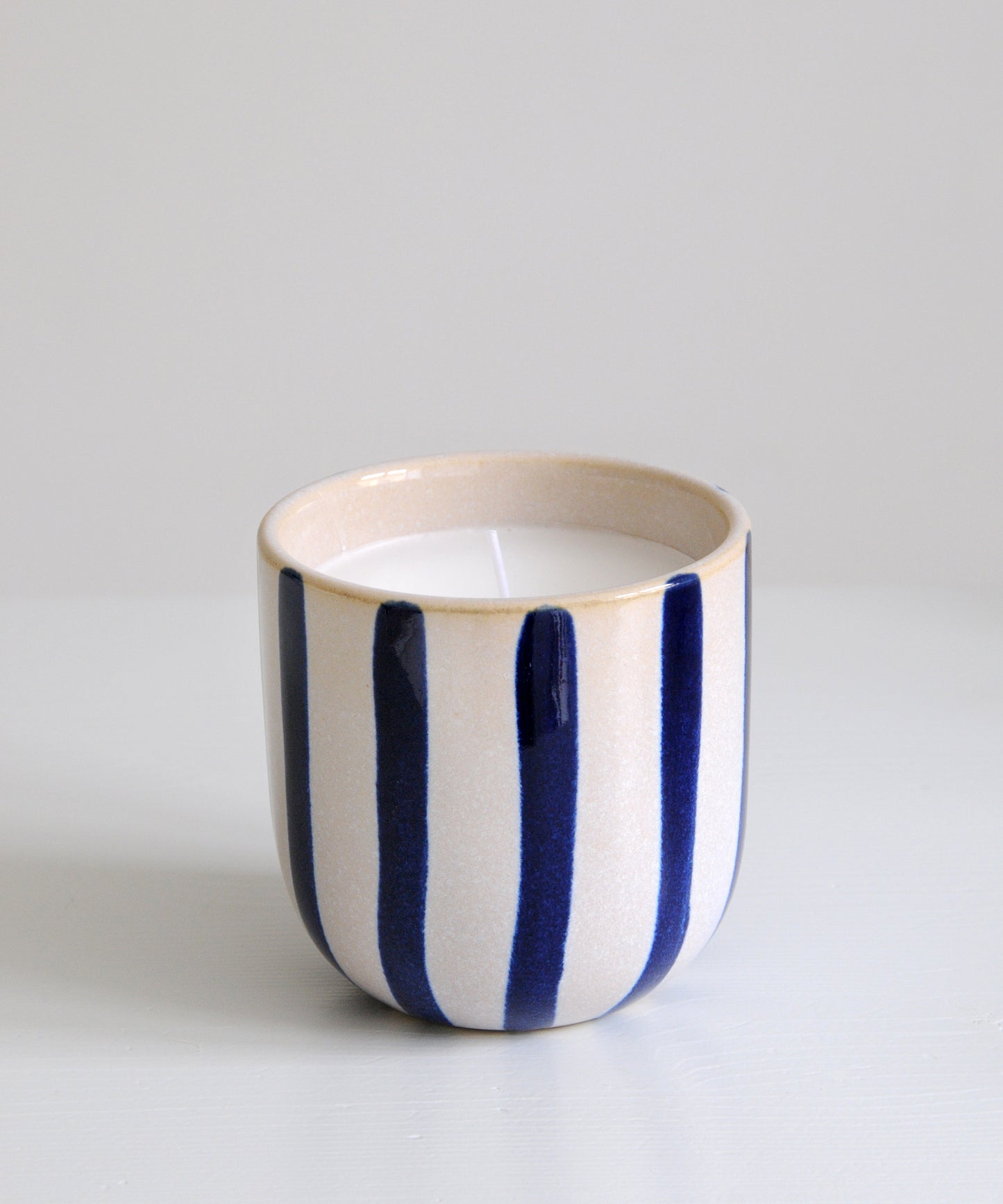 Blue & White Striped Ceramic Candle - Floral Scent
