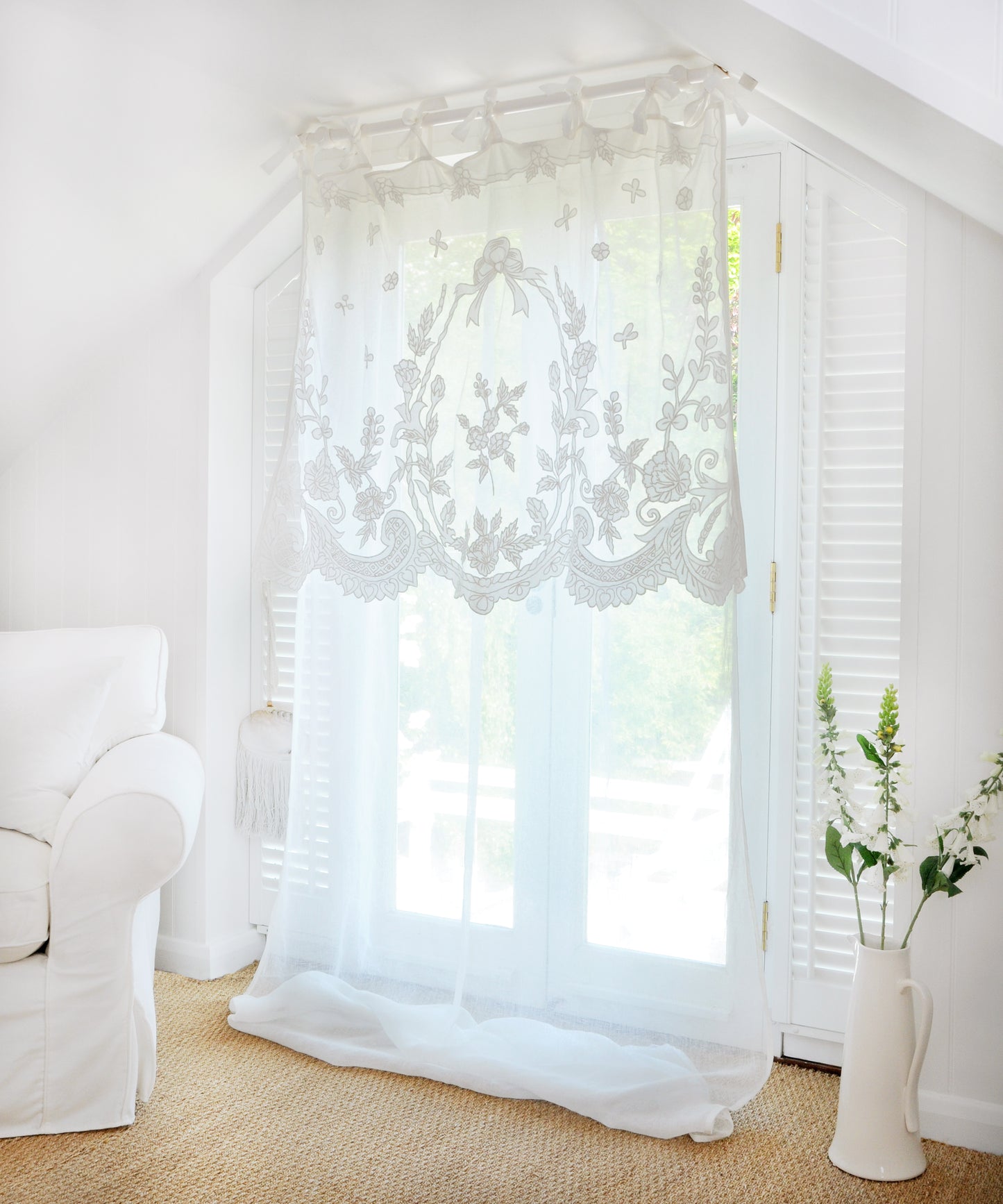 White Linen Curtain with Lace Overlay