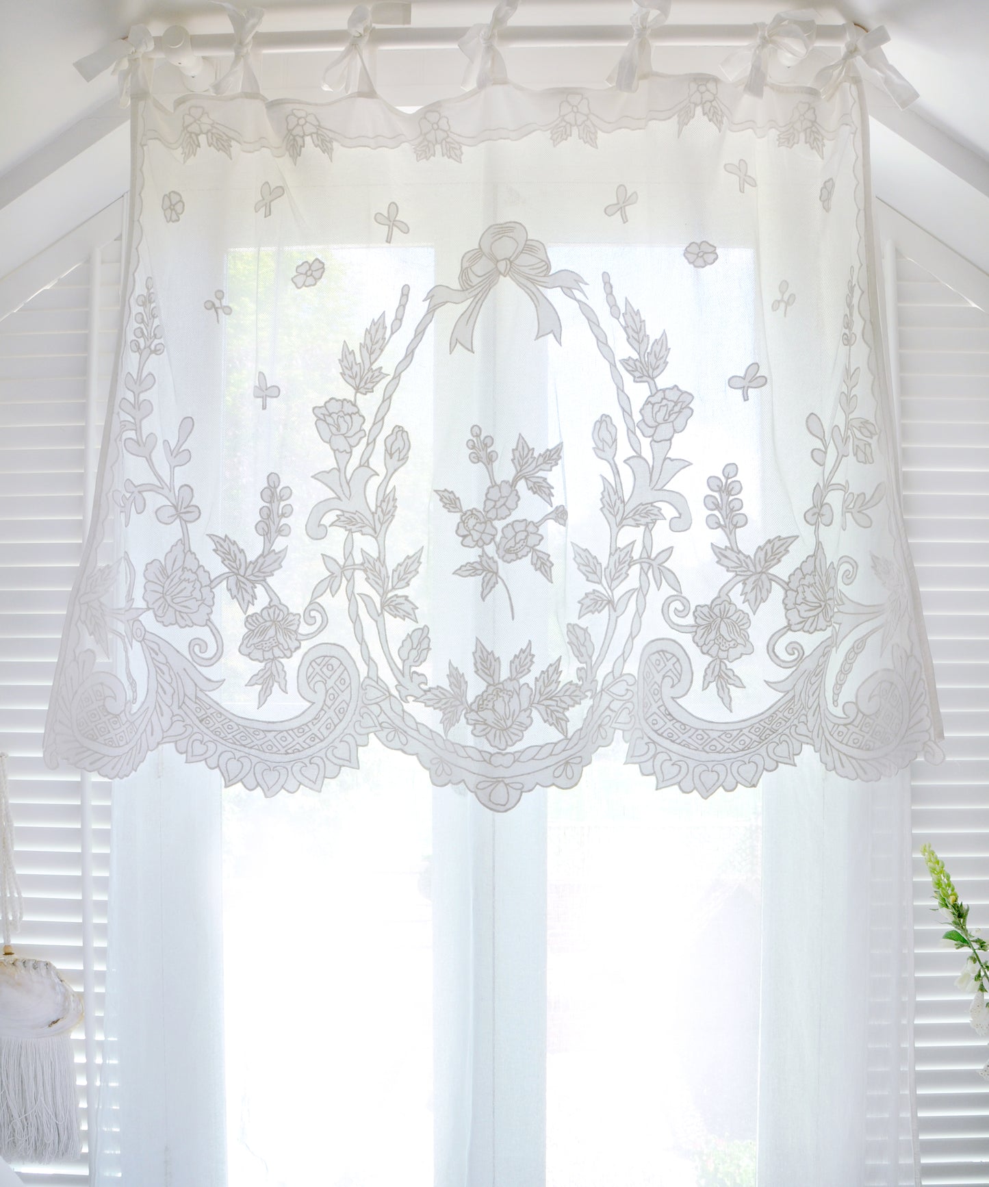 White Linen Curtain with Lace Overlay