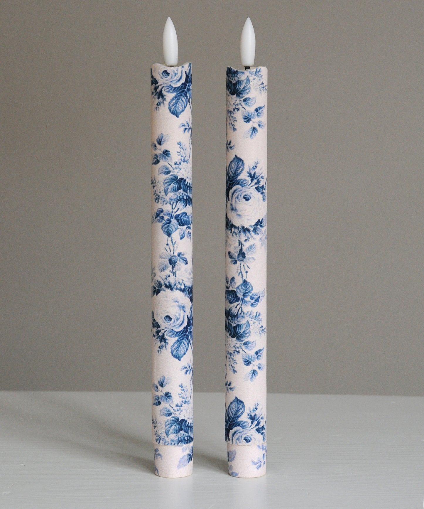 'Belmont Toile French Blue' - Fabric wrapped Flameless LED Wax Candles