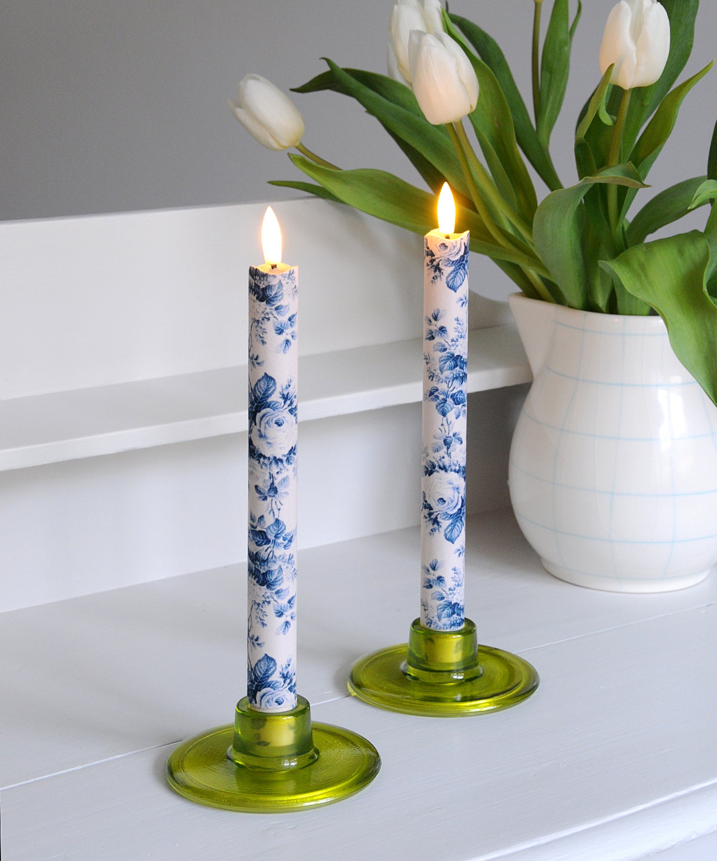 'Belmont Toile French Blue' - Fabric wrapped Flameless LED Wax Candles
