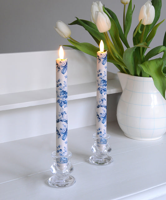 'Belmont Toile French Blue' - Fabric wrapped Flameless LED Wax Candles