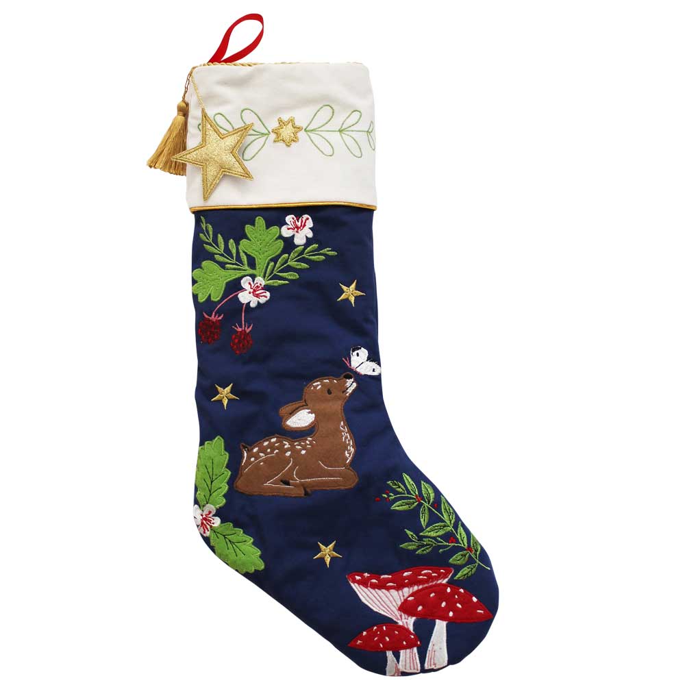 Decorative Christmas stocking with embroidered designs on a white background