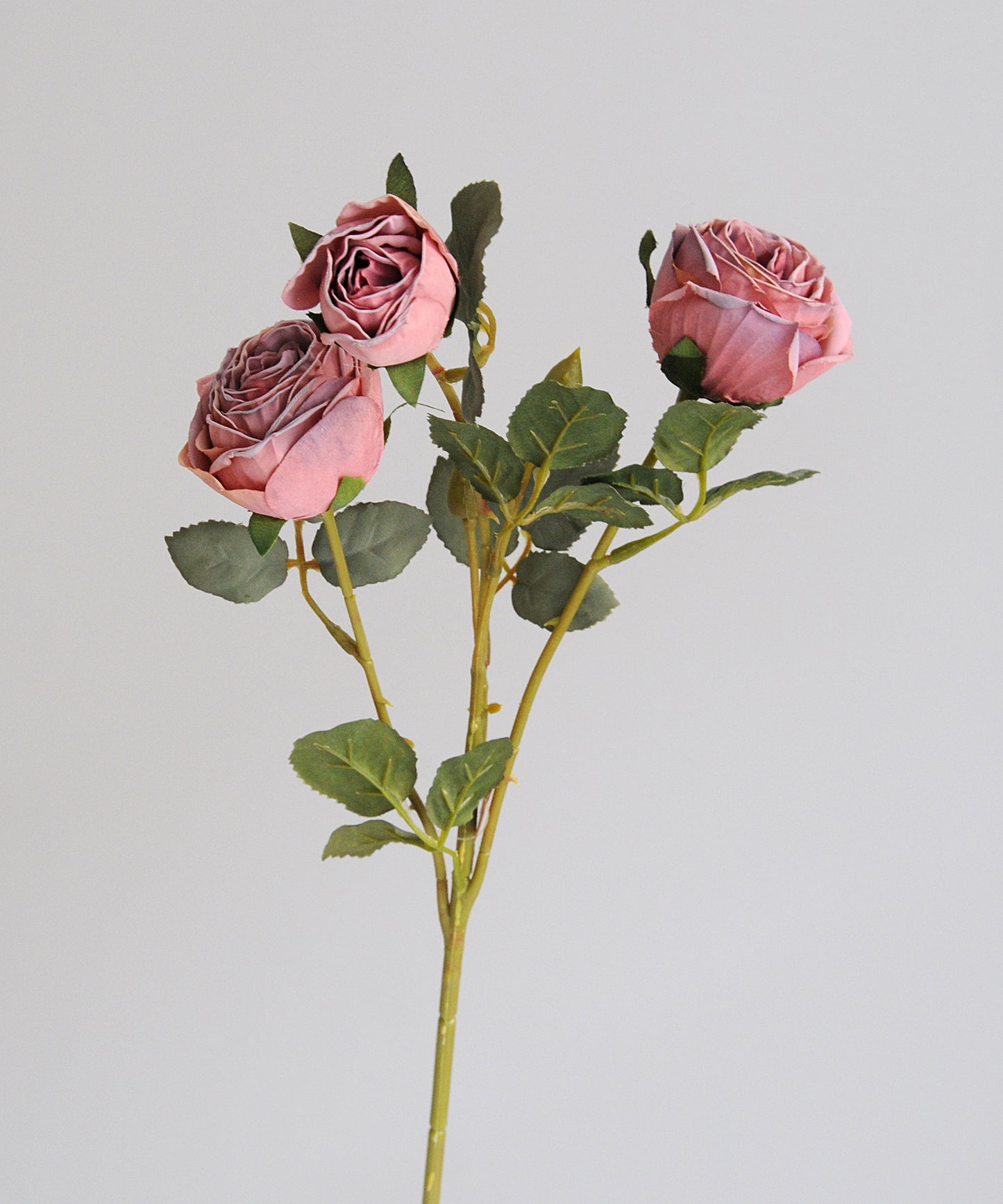 Artificial pink roses with green leaves on a light gray background