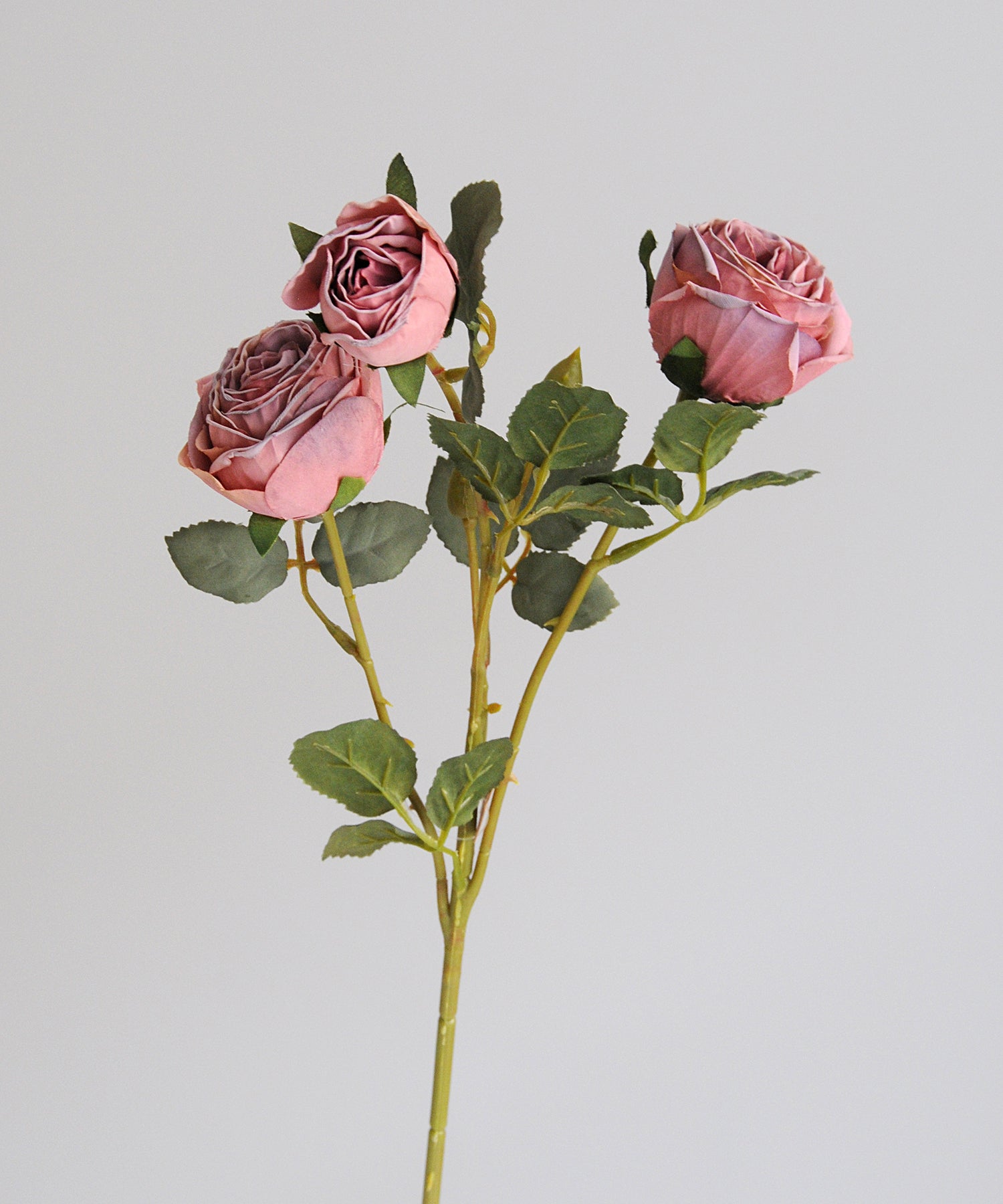Artificial pink roses with green leaves on a light gray background