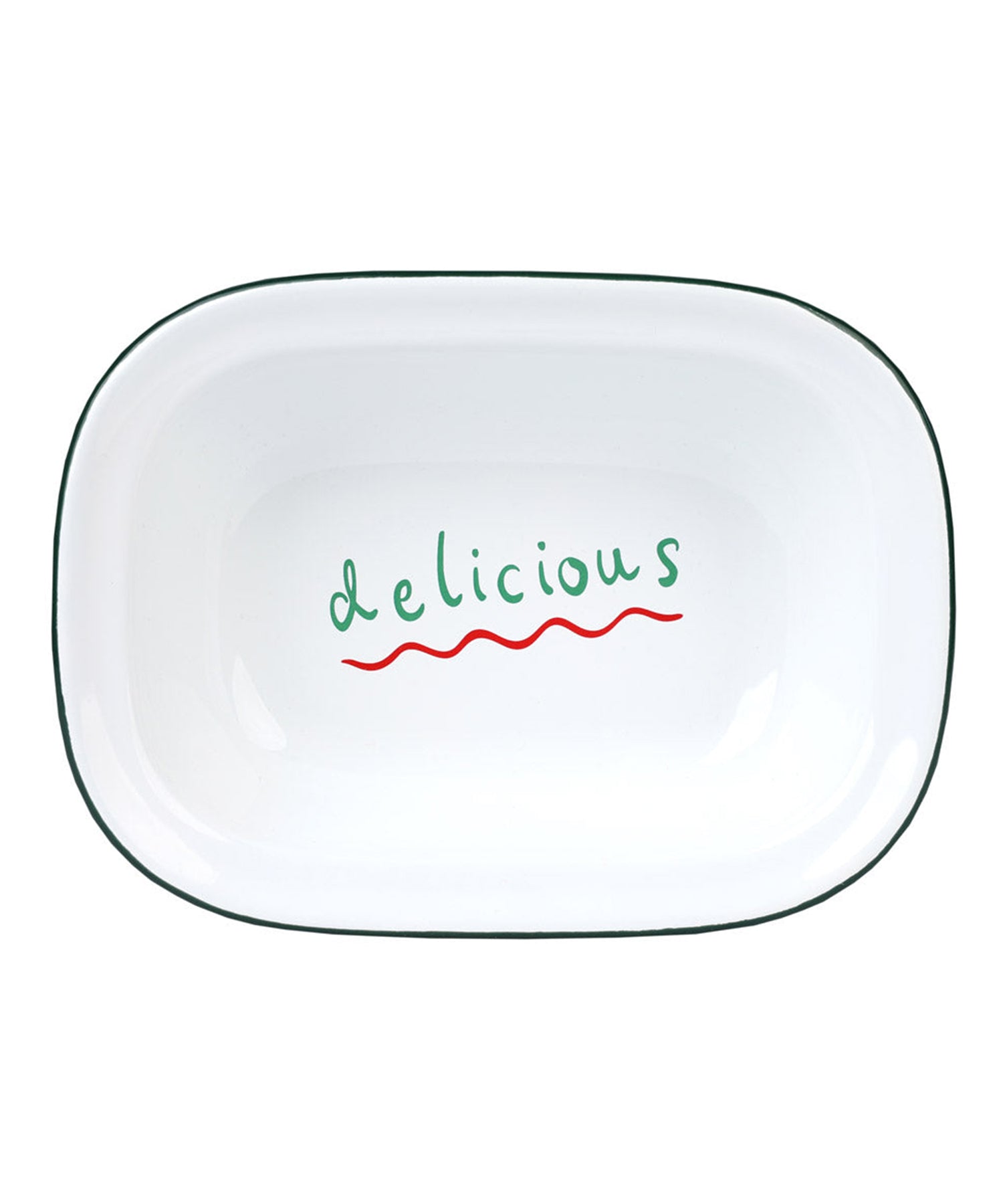red dish with 'delicious' text on a white background
