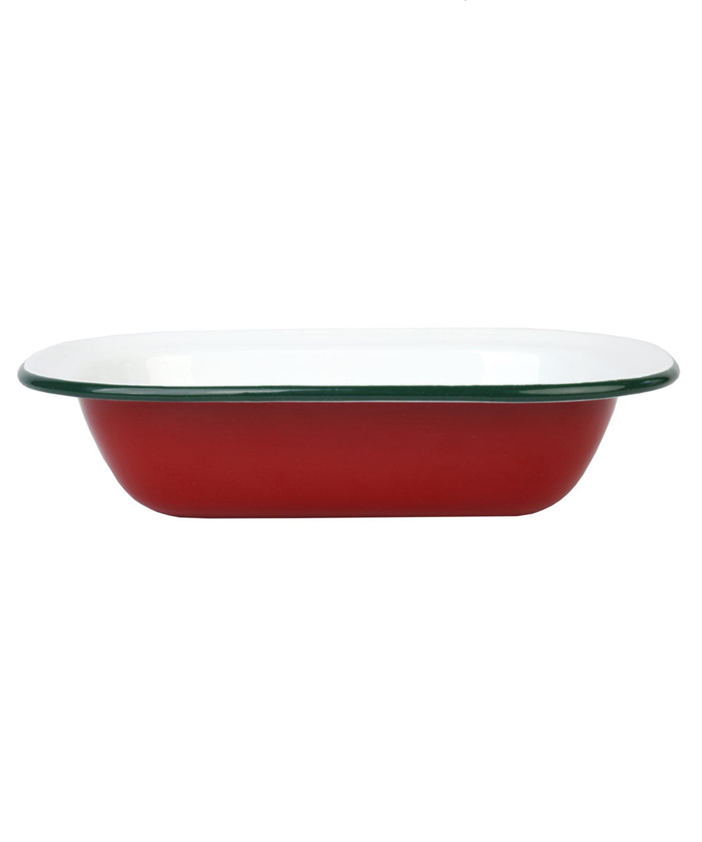 Red enamel baking dish with green rim on a white background