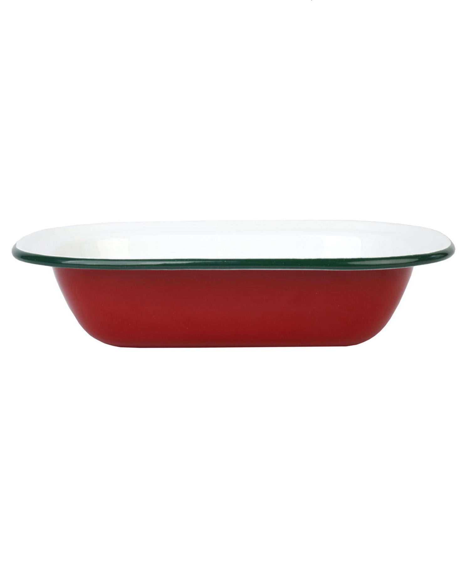 Red enamel baking dish with green rim on a white background