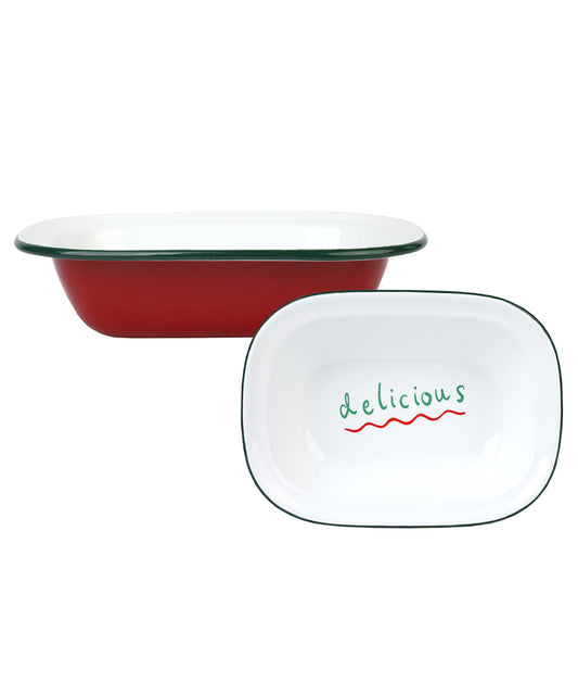 Red dish with white interior and 'delicious' text on a white background